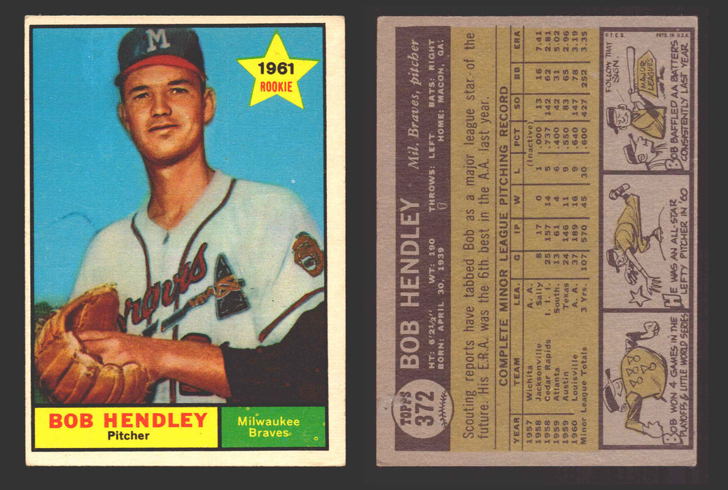 1961 Topps Baseball Trading Card You Pick Singles #300-#399 VG/EX #	372 Bob Hendley - Milwaukee Braves RC  - TvMovieCards.com