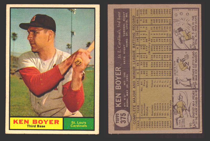 1961 Topps Baseball Trading Card You Pick Singles #300-#399 VG/EX #	375 Ken Boyer - St. Louis Cardinals  - TvMovieCards.com