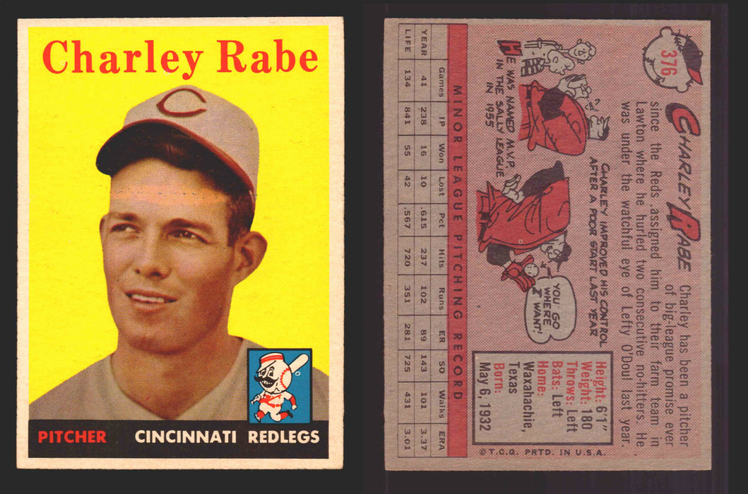 1958 Topps Baseball Trading Card You Pick Single Cards #1 - 495 EX/NM #	376	Charley Rabe  - TvMovieCards.com