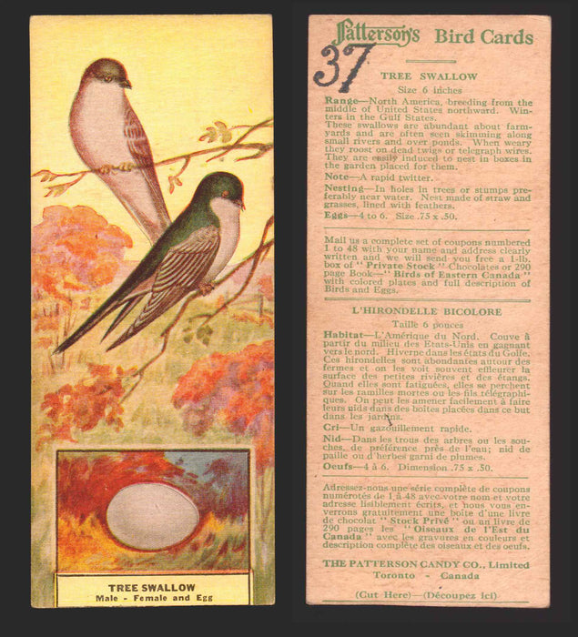1924 Patterson's Bird Chocolate Vintage Trading Cards U Pick Singles #1-46 37 Tree Swallow  - TvMovieCards.com