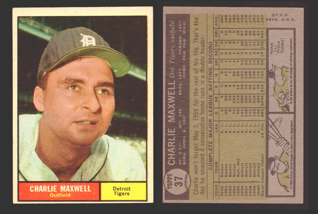 1961 Topps Baseball Trading Card You Pick Singles #1-#99 VG/EX #	37 Charlie Maxwell - Detroit Tigers  - TvMovieCards.com