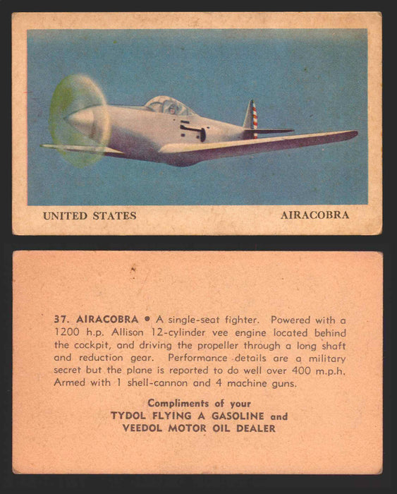 1940 Tydol Aeroplanes Flying A Gasoline You Pick Single Trading Card #1-40 #	37	Airacobra  - TvMovieCards.com