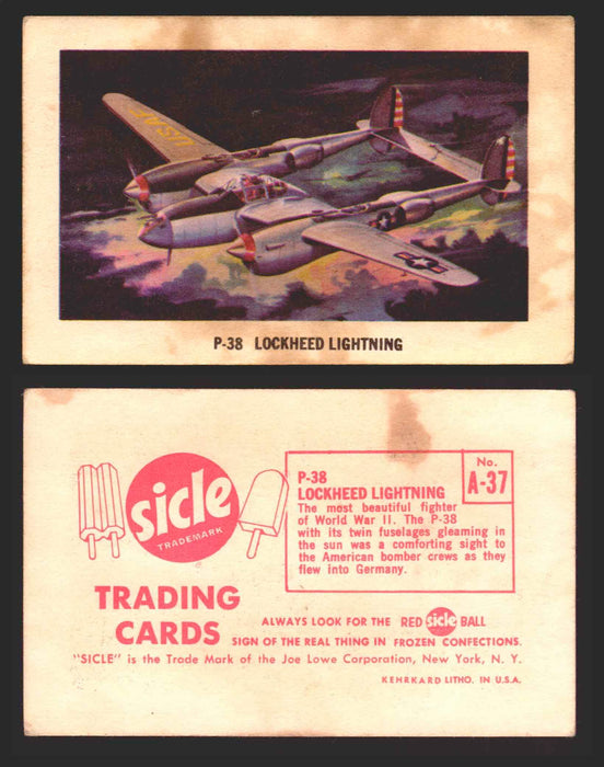 1959 Sicle Airplanes Joe Lowe Corp Vintage Trading Card You Pick Singles #1-#76 A-37	P-38 Lockheed Lightning  - TvMovieCards.com