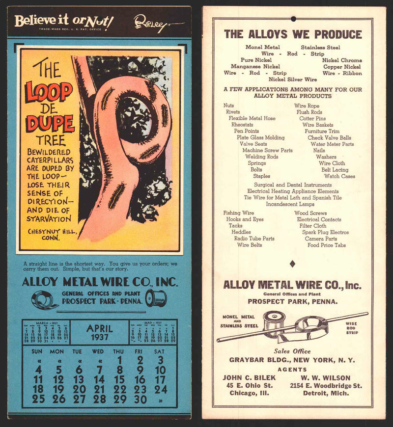 Ripley's Believe It or Not Facts Foldout Advertising Calendar 1933 - 1942 You Pi April	1937	B  - TvMovieCards.com
