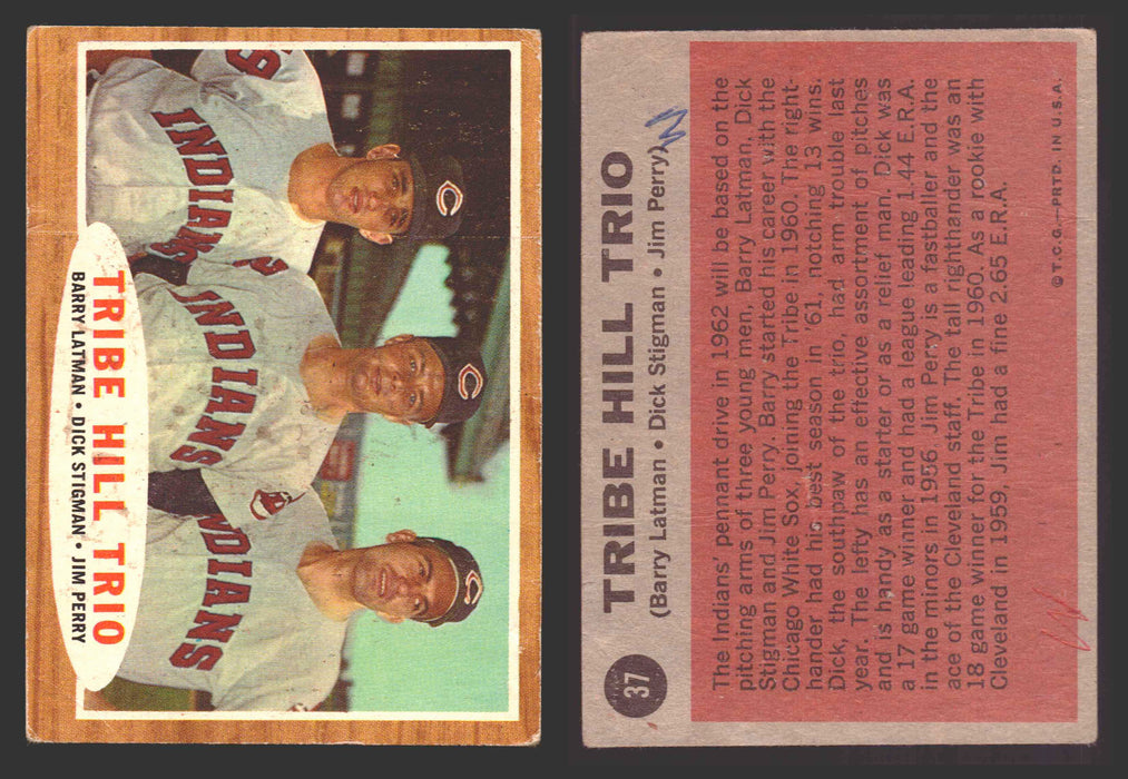 1962 Topps Baseball Trading Card You Pick Singles #1-#99 VG/EX #	37 Tribe Hill Trio - Barry Latman / Dick Stigman / Jim Perry (marked)  - TvMovieCards.com