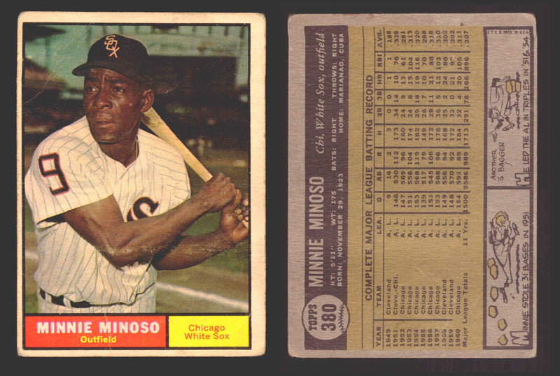 1961 Topps Baseball Trading Card You Pick Singles #300-#399 VG/EX #	380 Minnie Minoso - Chicago White Sox (creased)  - TvMovieCards.com