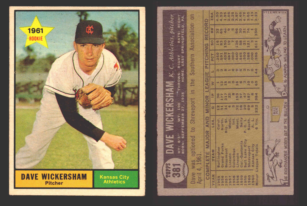 1961 Topps Baseball Trading Card You Pick Singles #300-#399 VG/EX #	381 Dave Wickersham - Kansas City Athletics RC  - TvMovieCards.com