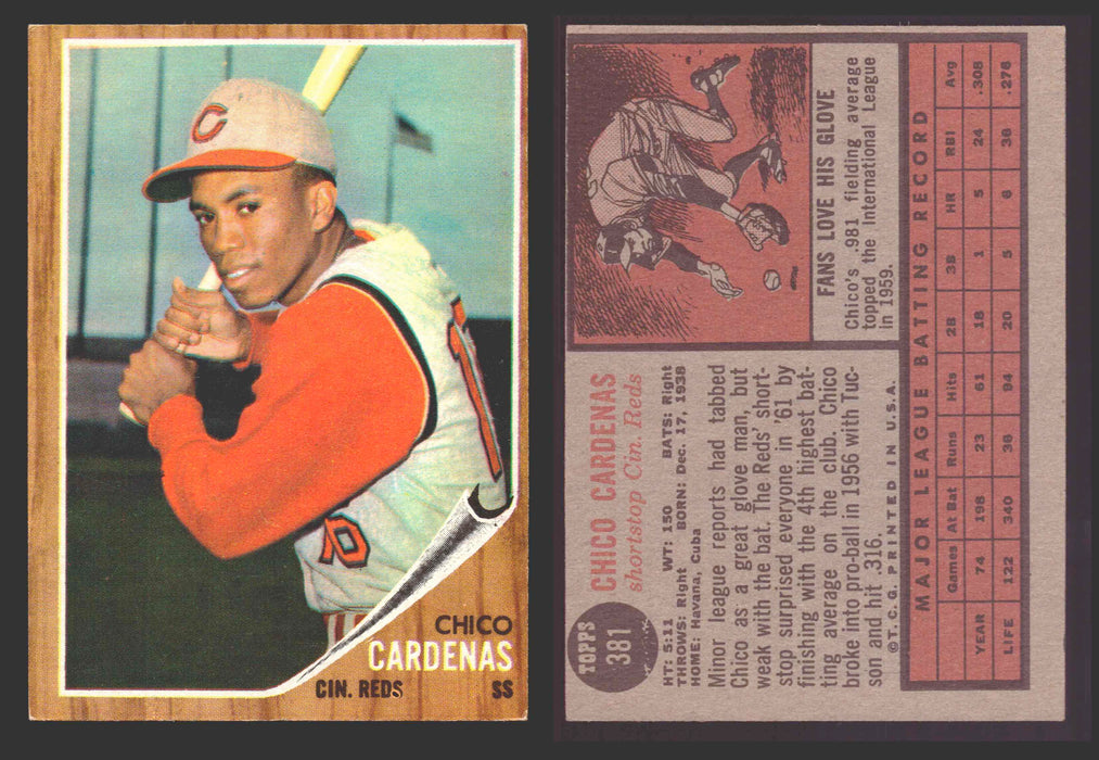 1962 Topps Baseball Trading Card You Pick Singles #300-#399 VG/EX #	381 Chico Cardenas - Cincinnati Reds  - TvMovieCards.com