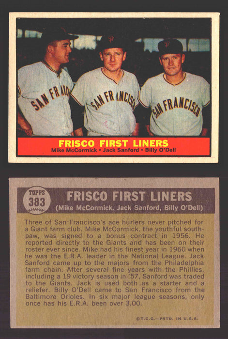 1961 Topps Baseball Trading Card You Pick Singles #300-#399 VG/EX #	383 Frisco First Liners - Mike McCormick / Jack Sanford / Billy O'Dell  - TvMovieCards.com