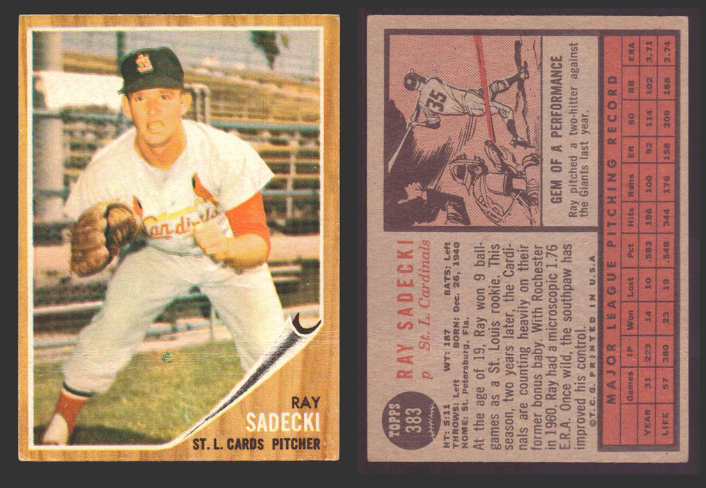1962 Topps Baseball Trading Card You Pick Singles #300-#399 VG/EX #	383 Ray Sadecki - St. Louis Cardinals (creased)  - TvMovieCards.com