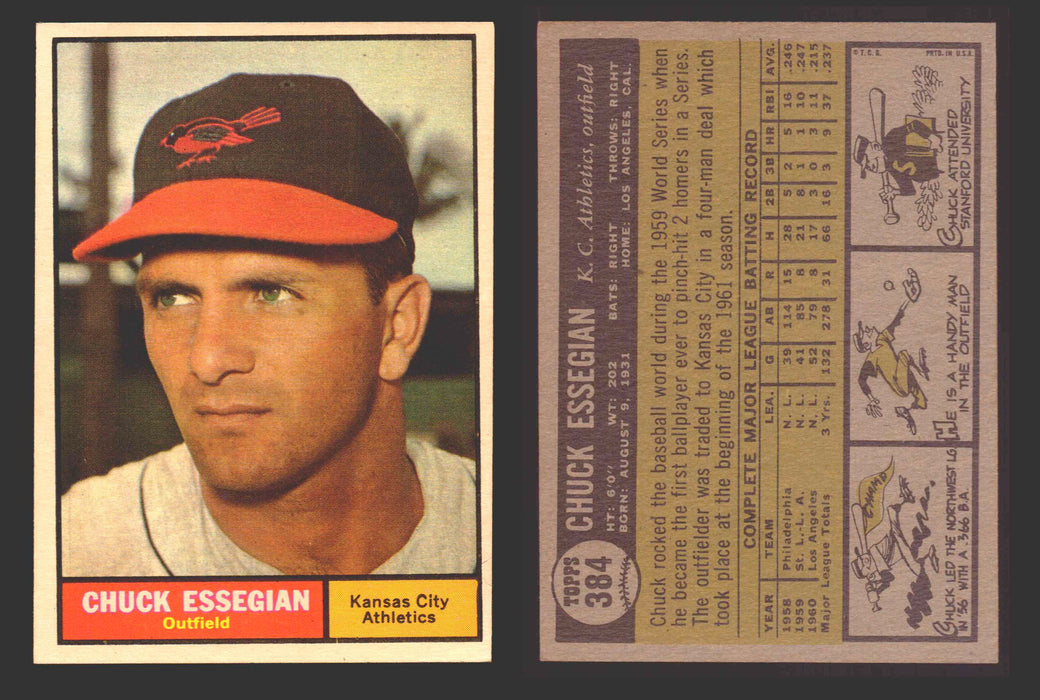 1961 Topps Baseball Trading Card You Pick Singles #300-#399 VG/EX #	384 Chuck Essegian - Kansas City Athletics  - TvMovieCards.com