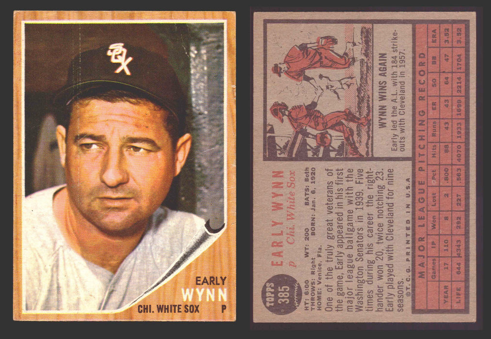 1962 Topps Baseball Trading Card You Pick Singles #300-#399 VG/EX #	385 Early Wynn - Chicago White Sox  - TvMovieCards.com