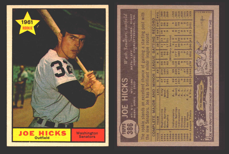 1961 Topps Baseball Trading Card You Pick Singles #300-#399 VG/EX #	386 Joe Hicks - Washington Senators  - TvMovieCards.com