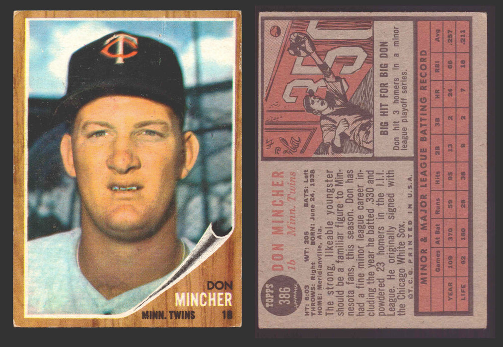 1962 Topps Baseball Trading Card You Pick Singles #300-#399 VG/EX #	386 Don Mincher - Minnesota Twins  - TvMovieCards.com