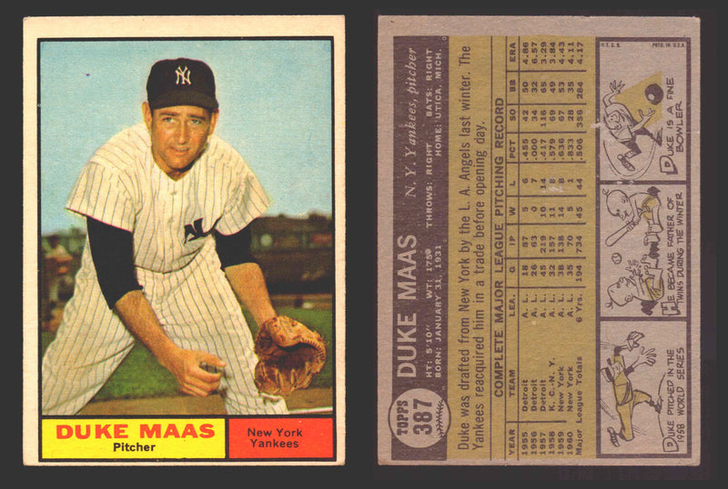 1961 Topps Baseball Trading Card You Pick Singles #300-#399 VG/EX #	387 Duke Maas - New York Yankees  - TvMovieCards.com
