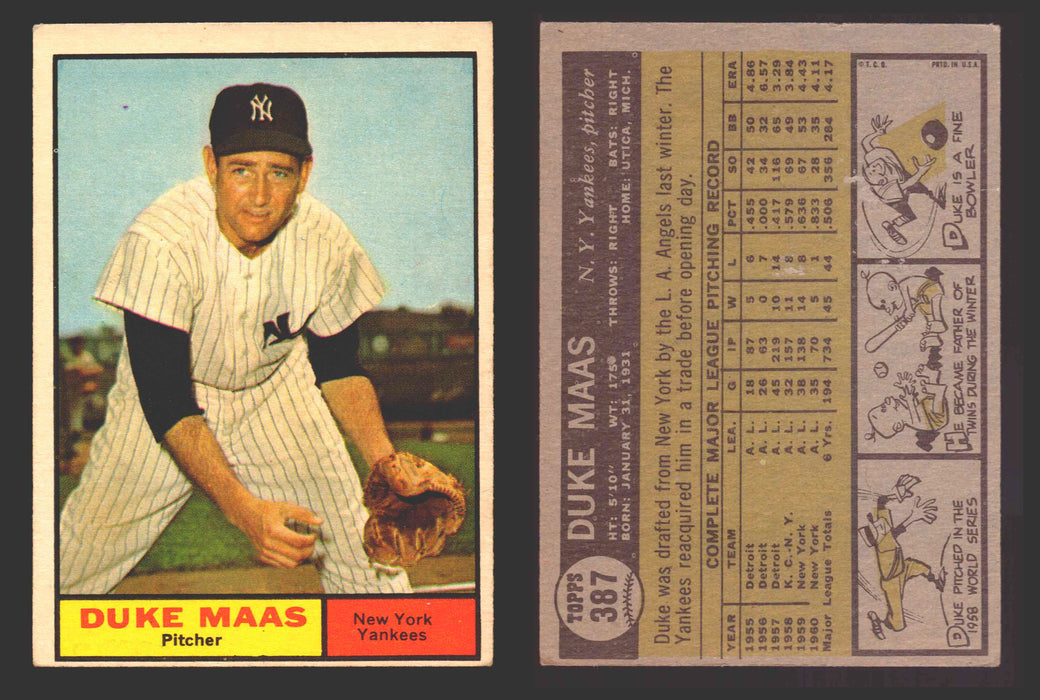 1961 Topps Baseball Trading Card You Pick Singles #300-#399 VG/EX #	387 Duke Maas - New York Yankees  - TvMovieCards.com