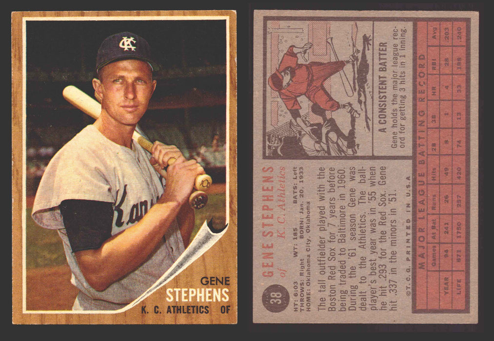 1962 Topps Baseball Trading Card You Pick Singles #1-#99 VG/EX #	38 Gene Stephens - Kansas City Athletics  - TvMovieCards.com