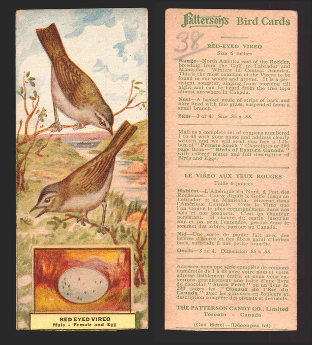 1924 Patterson's Bird Chocolate Vintage Trading Cards U Pick Singles #1-46 38 Red-Eyed Vireo  - TvMovieCards.com