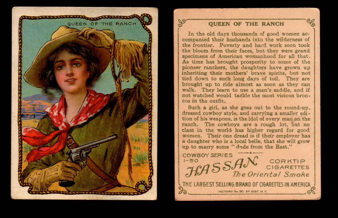1909 T53 Hassan Cigarettes Cowboy Series #1-50 Trading Cards Singles #38 Queen Of The Ranch  - TvMovieCards.com