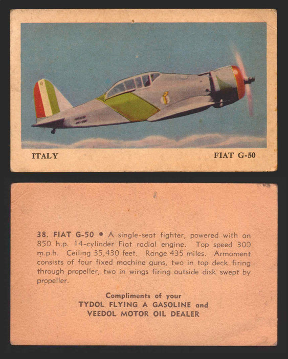 1940 Tydol Aeroplanes Flying A Gasoline You Pick Single Trading Card #1-40 #	38	Fiat G-50  - TvMovieCards.com