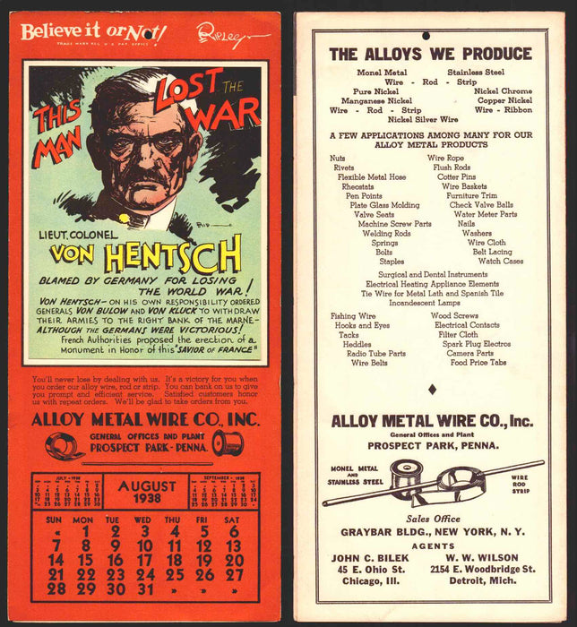 Ripley's Believe It or Not Facts Foldout Advertising Calendar 1933 - 1942 You Pi August	1938  - TvMovieCards.com