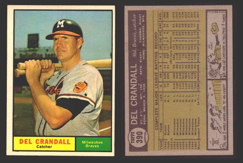 1961 Topps Baseball Trading Card You Pick Singles #300-#399 VG/EX #	390 Del Crandall - Milwaukee Braves  - TvMovieCards.com