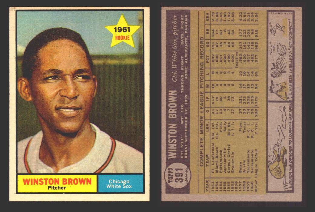 1961 Topps Baseball Trading Card You Pick Singles #300-#399 VG/EX #	391 Winston Brown - Chicago White Sox RC  - TvMovieCards.com