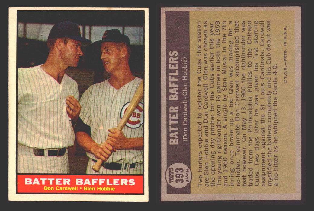 1961 Topps Baseball Trading Card You Pick Singles #300-#399 VG/EX #	393 Batter Bafflers - Don Cardwell / Glen Hobbie  - TvMovieCards.com