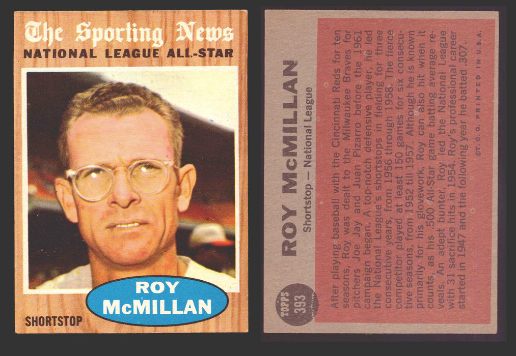 1962 Topps Baseball Trading Card You Pick Singles #300-#399 VG/EX #	393 Roy McMillan - Milwaukee Braves AS  - TvMovieCards.com