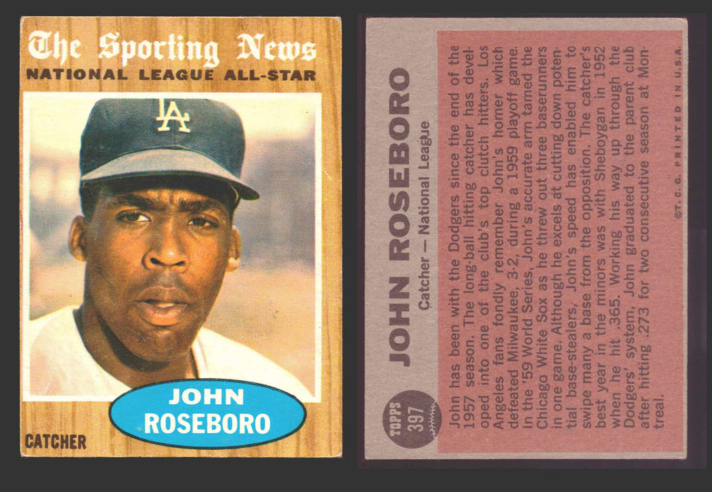 1962 Topps Baseball Trading Card You Pick Singles #300-#399 VG/EX #	397 John Roseboro - Los Angeles Dodgers AS  - TvMovieCards.com