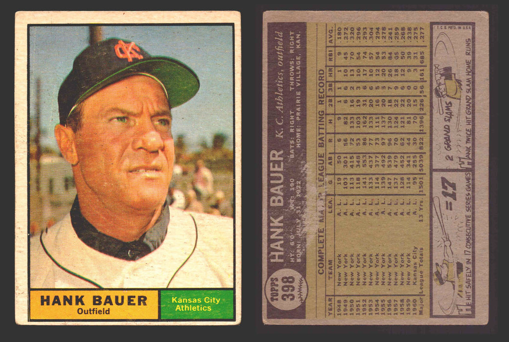 1961 Topps Baseball Trading Card You Pick Singles #300-#399 VG/EX #	398 Hank Bauer - Kansas City Athletics  - TvMovieCards.com