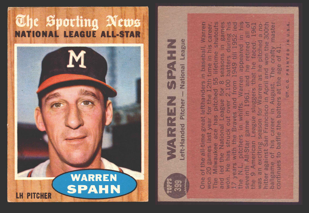 1962 Topps Baseball Trading Card You Pick Singles #300-#399 VG/EX #	399 Warren Spahn - Milwaukee Braves AS  - TvMovieCards.com