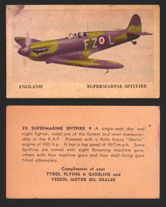 1940 Tydol Aeroplanes Flying A Gasoline You Pick Single Trading Card #1-40 #	39	Supermarine Spitfire  - TvMovieCards.com