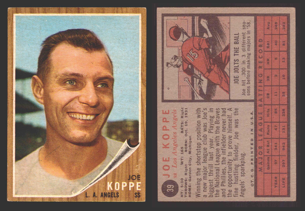 1962 Topps Baseball Trading Card You Pick Singles #1-#99 VG/EX #	39 Joe Koppe - Los Angeles Angels  - TvMovieCards.com