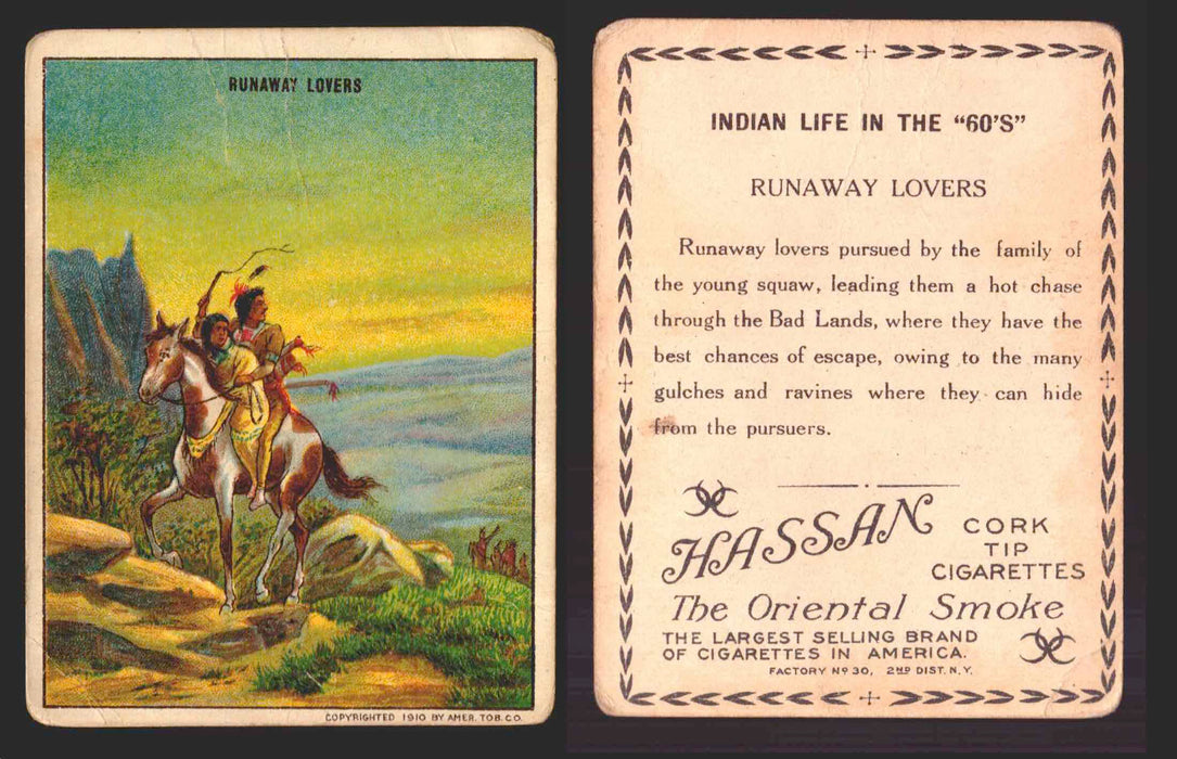 1910 T73 Hassan Cigarettes Indian Life In The 60's Tobacco Trading Cards Singles #39 Runaway Lovers  - TvMovieCards.com