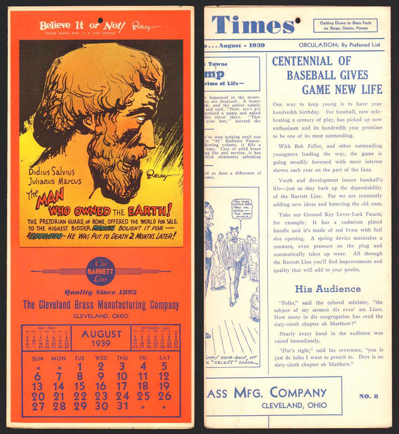 Ripley's Believe It or Not Facts Foldout Advertising Calendar 1933 - 1942 You Pi August	1939	A  - TvMovieCards.com