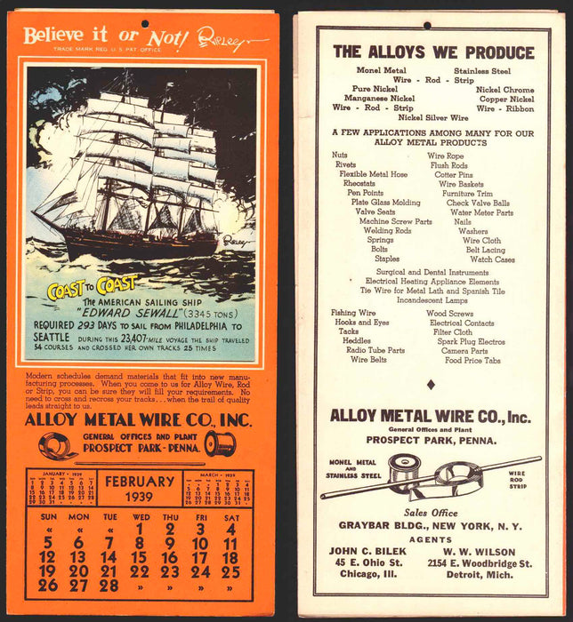 Ripley's Believe It or Not Facts Foldout Advertising Calendar 1933 - 1942 You Pi February	1939  - TvMovieCards.com