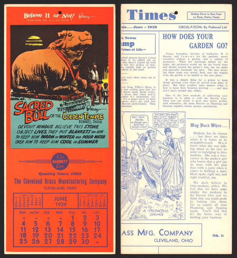 Ripley's Believe It or Not Facts Foldout Advertising Calendar 1933 - 1942 You Pi June	1939	B  - TvMovieCards.com
