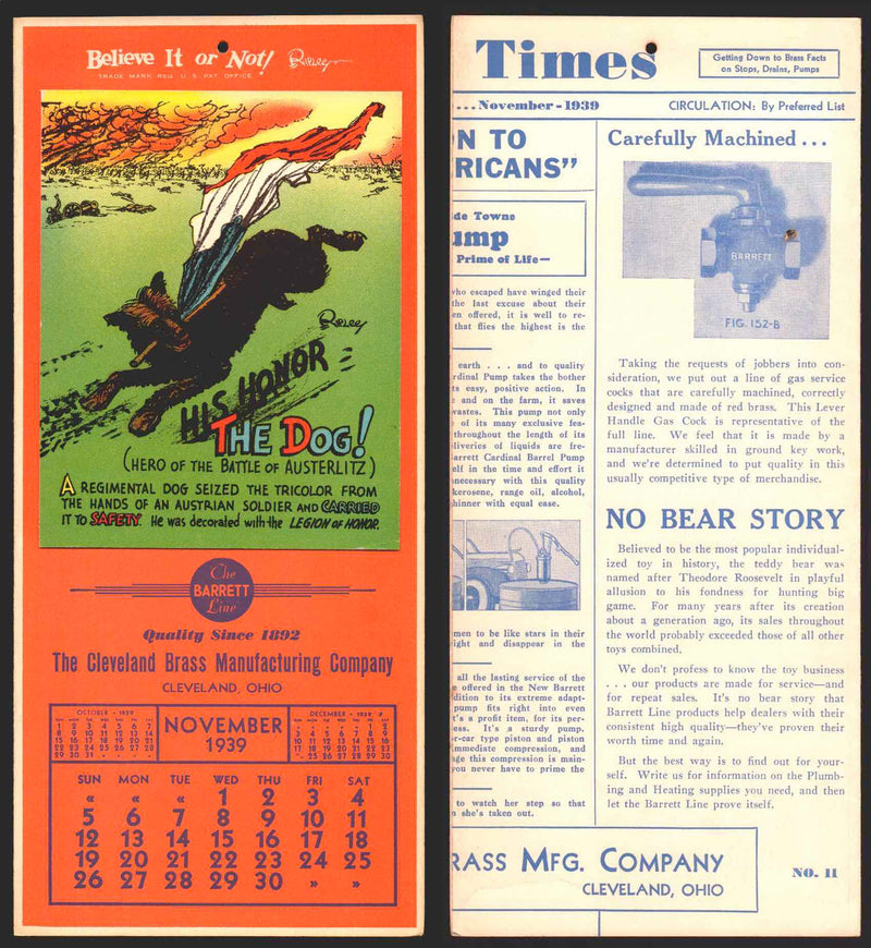 Ripley's Believe It or Not Facts Foldout Advertising Calendar 1933 - 1942 You Pi November	1939  - TvMovieCards.com
