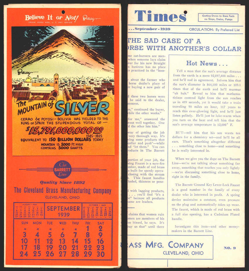 Ripley's Believe It or Not Facts Foldout Advertising Calendar 1933 - 1942 You Pi September	1939	A  - TvMovieCards.com