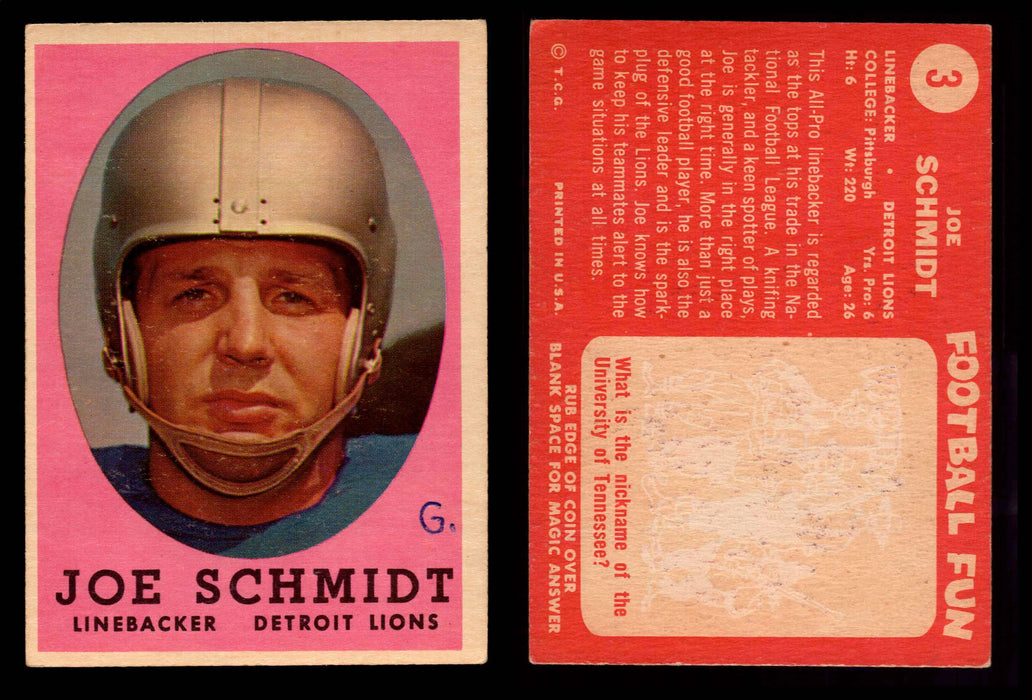 1958 Topps Football Trading Card You Pick Singles #1-#132 VG/EX #	3	Joe Schmidt (HOF)  - TvMovieCards.com