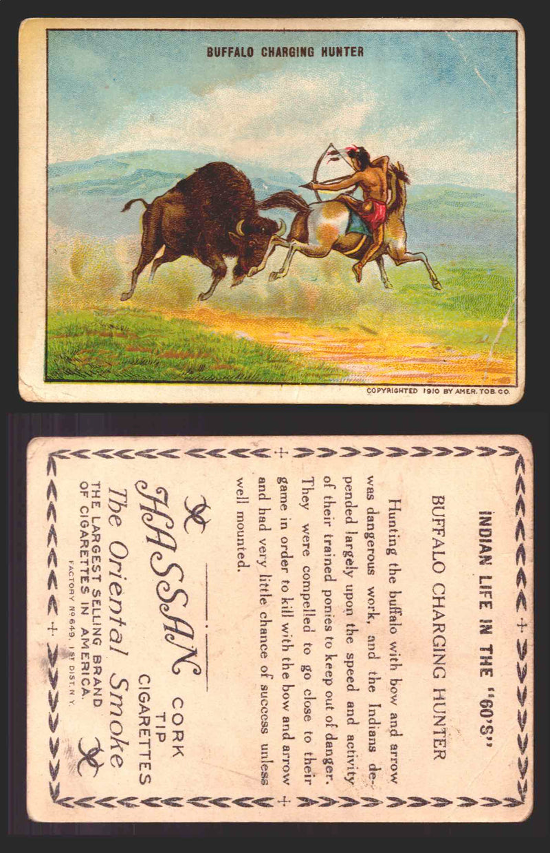 1910 T73 Hassan Cigarettes Indian Life In The 60's Tobacco Trading Cards Singles #3 Buffalo Charing Hunter  - TvMovieCards.com