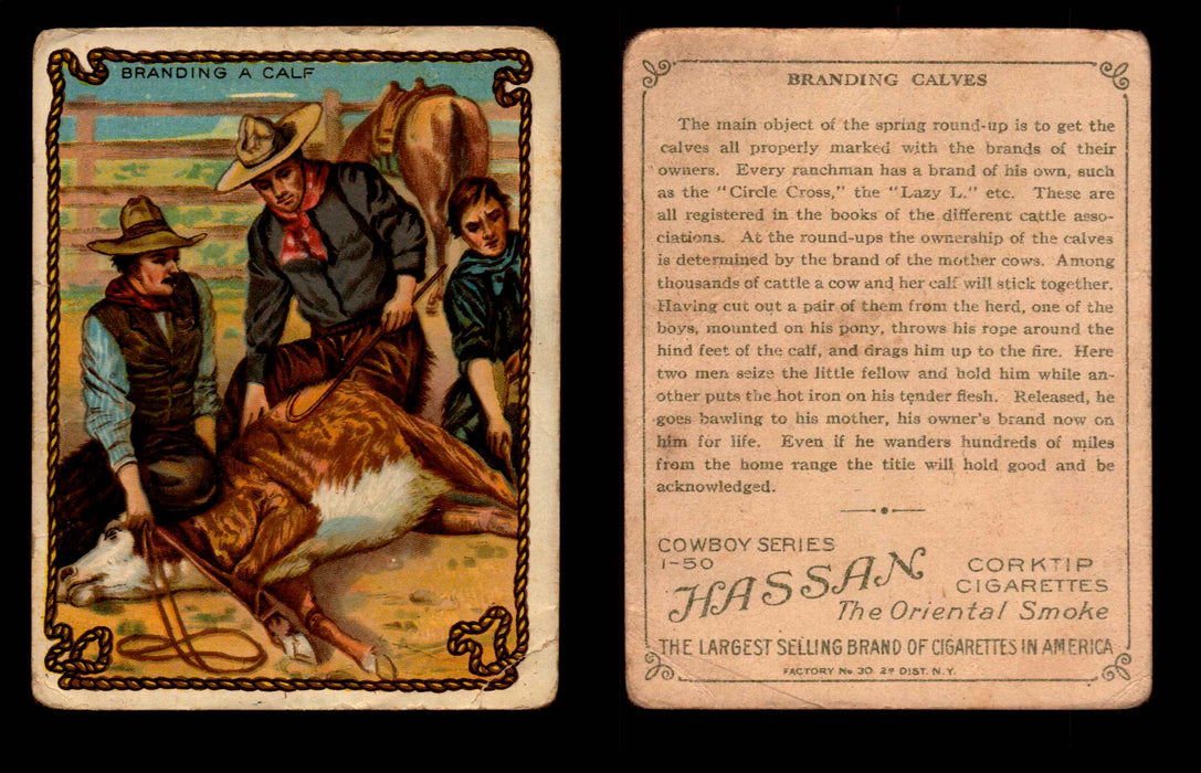 1909 T53 Hassan Cigarettes Cowboy Series #1-50 Trading Cards Singles #3 Branding A Calf  - TvMovieCards.com