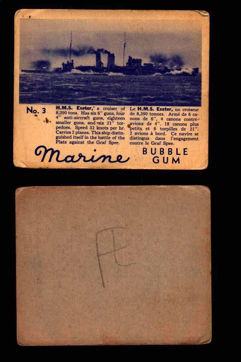 1944 Marine Bubble Gum World Wide V403-1 Vintage Trading Card #1-120 Singles #3 H.M.S. Exeter  - TvMovieCards.com