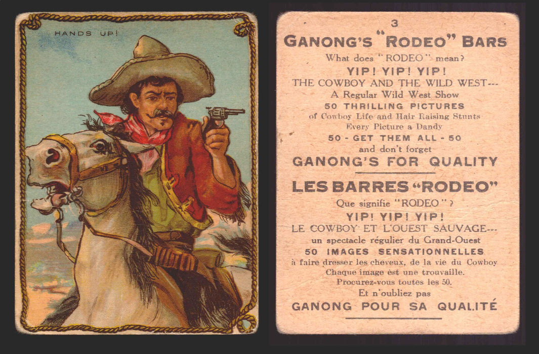 1930 Ganong "Rodeo" Bars V155 Cowboy Series #1-50 Trading Cards Singles #3 Hands Up!  - TvMovieCards.com
