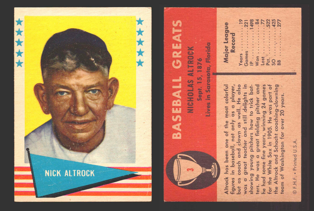 1961 Fleer Baseball Greats Trading Card You Pick Singles #1-#154 VG/EX 3 Nick Altrock  - TvMovieCards.com