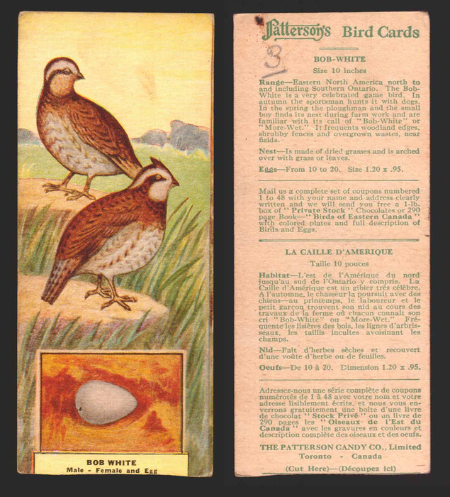1924 Patterson's Bird Chocolate Vintage Trading Cards U Pick Singles #1-46 3 Bob-White  - TvMovieCards.com