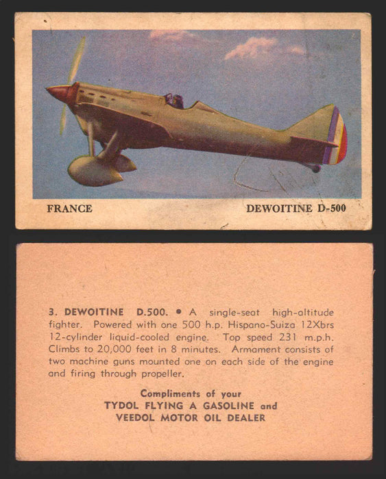 1940 Tydol Aeroplanes Flying A Gasoline You Pick Single Trading Card #1-40 #	3	Dewoitine D.500  - TvMovieCards.com