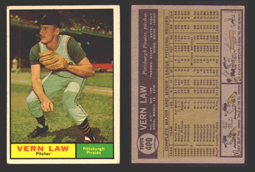 1961 Topps Baseball Trading Card You Pick Singles #400-#499 VG/EX #	400 Vern Law - Pittsburgh Pirates  - TvMovieCards.com