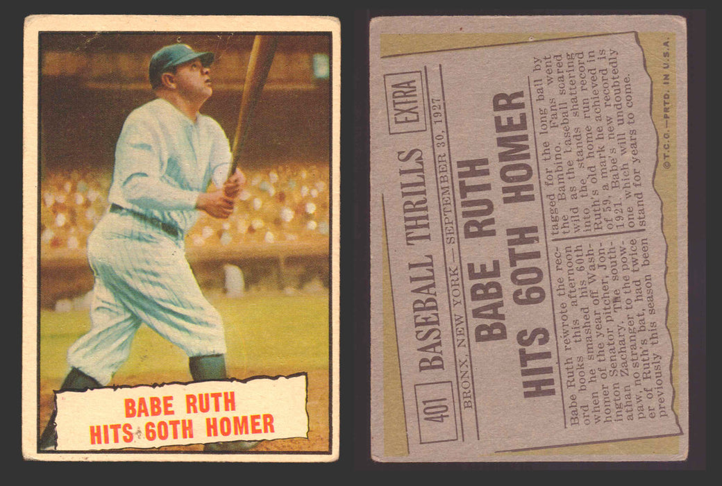 1961 Topps Baseball Trading Card You Pick Singles #400-#499 VG/EX #	401 Thrills - Babe Ruth Hits 60th Homer (pin hole)  - TvMovieCards.com